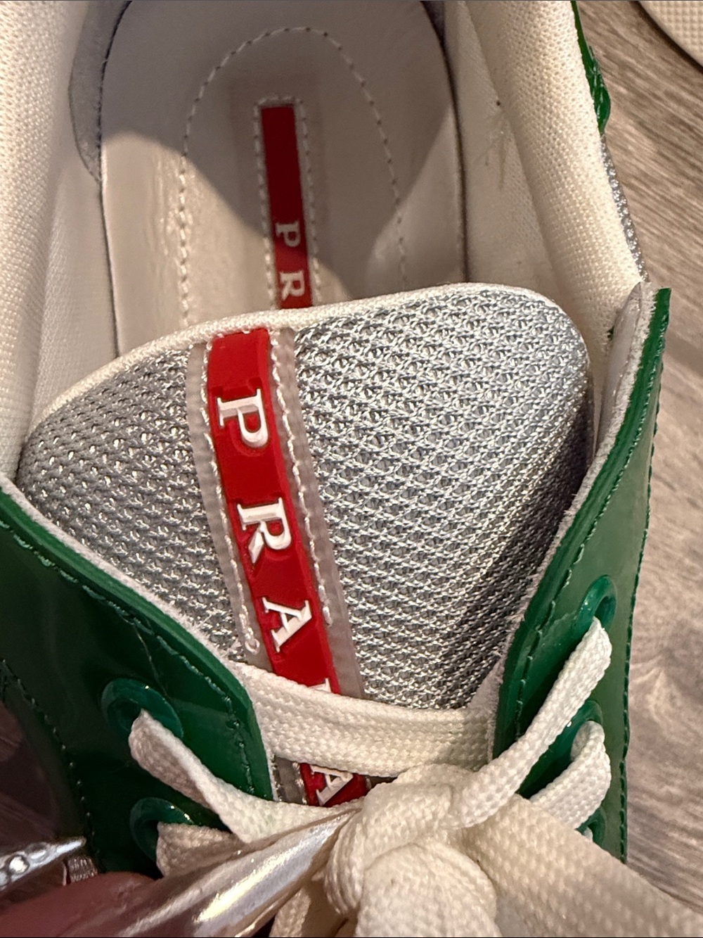 Prada Men’s Green Patent & White Mesh Low-Top Sneakers - Picture 4 of 9